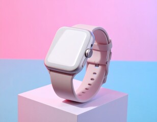 Smartwatch with a pink strap on a pedestal with a pink and blue background