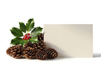Winter Holiday Flat Lay With Pinecones, Holly, Berries, And Blank Card