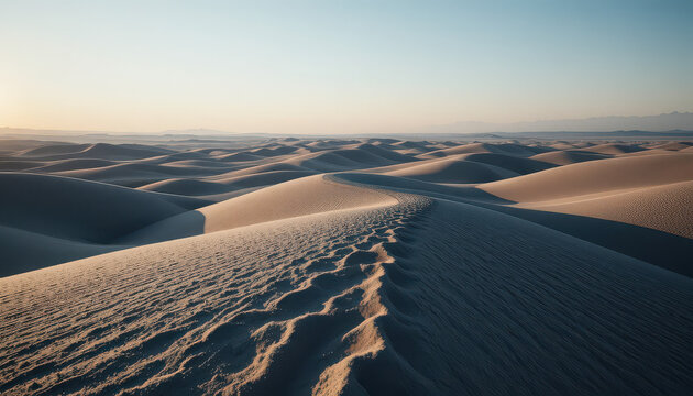 Sand dunes landscape with footprints under a clear sky