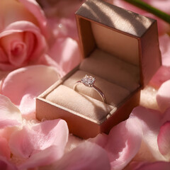 Elegant diamond ring on open ring box with pink roses