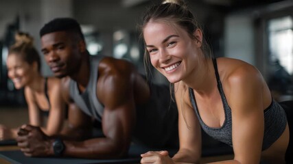 Fitness group performs plank exercise in gym during workout session promoting strength and team spirit - Powered by Adobe