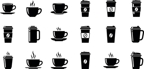 Collection of black and white silhouette icons representing various coffee cups and to go mugs with steam