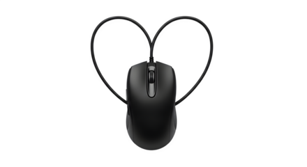 “Wired computer mouse with cable forming a heart shape, isolated on pure white background, realistic PNG.”