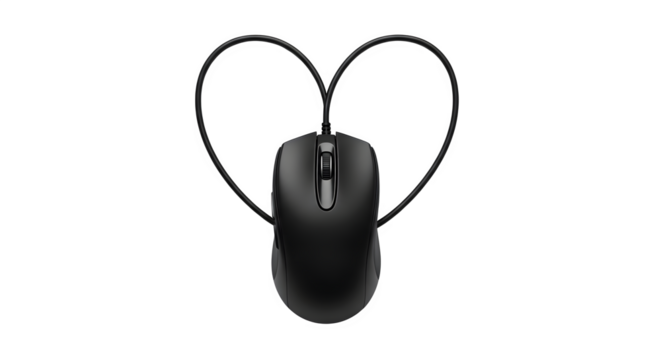 “Wired computer mouse with cable forming a heart shape, isolated on pure white background, realistic PNG.”