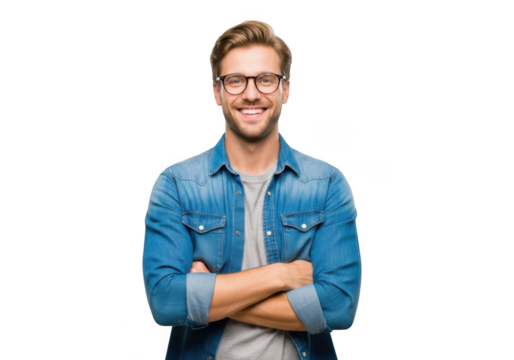 A smiling man with glasses and a denim jacket arms crossed looking directly at the viewer isolated on transparent background