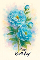 happy birthday - card. blue peonies bouquet.