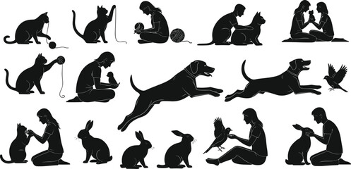 pet, silhouette, animal, human, interaction, dog, cat, rabbit, bird, play, care, bonding, companion, nurturing, vector