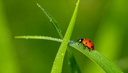 Fototapeta premium Close-up of a red ladybug with black spots resting on a green leaf covered in water droplets, set against a soft green background.