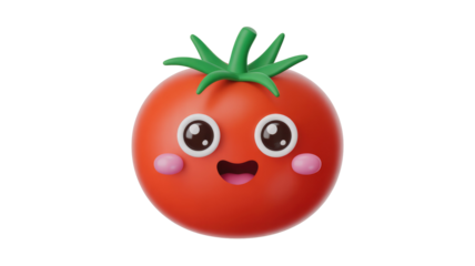 A cheerful, glossy 3D rendered cartoon tomato with big eyes, a happy smile, and pink blush, isolated on a solid transparent background. background removed