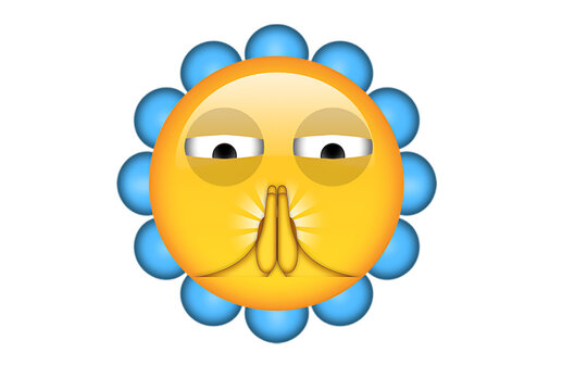 Smiling Sun Emoji with Blue Petals and Namaste Gesture Illustration