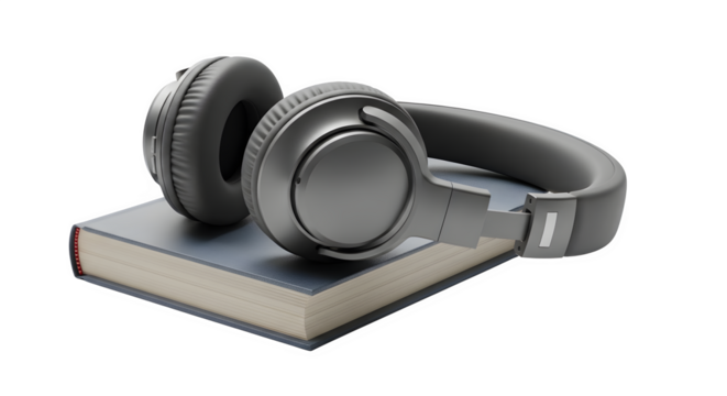 Over-ear headphones wrapped gently around a closed book, isolated on white background, realistic PNG, soft shadow.