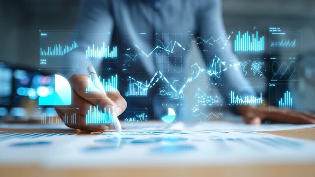 Business data analyst using graphs and metrics to enhance decision-making and performance in a modern office setting