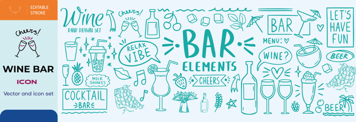 Hand drawn ink line food and wine or champagne drawings. Sketch style Illustrations for wedding celebration invitations,