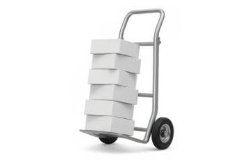Hand truck carrying stacked boxes for delivery, shipping, moving, and logistics services on transparent background