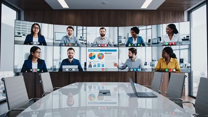 Diverse team collaborates on a video conference call in a modern boardroom. - Powered by Adobe