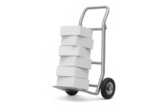Hand truck carrying stacked boxes for delivery, shipping, moving, and logistics services on transparent background