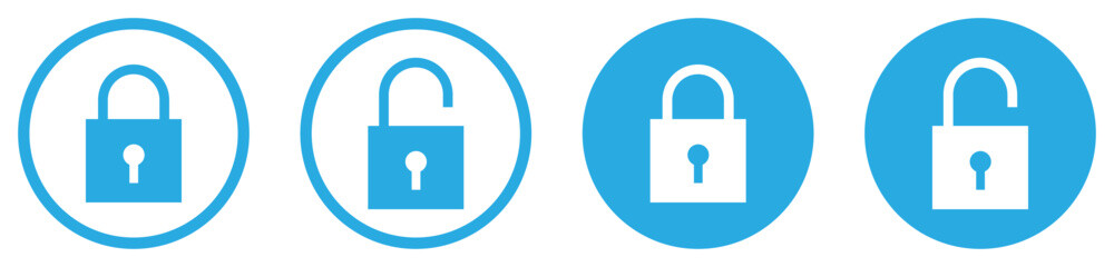 Set of lock and unlock security icons in blue and white circular style. Privacy, data protection, access control, login interfaces, secure websites, mobile apps, password screens and safety graphics.