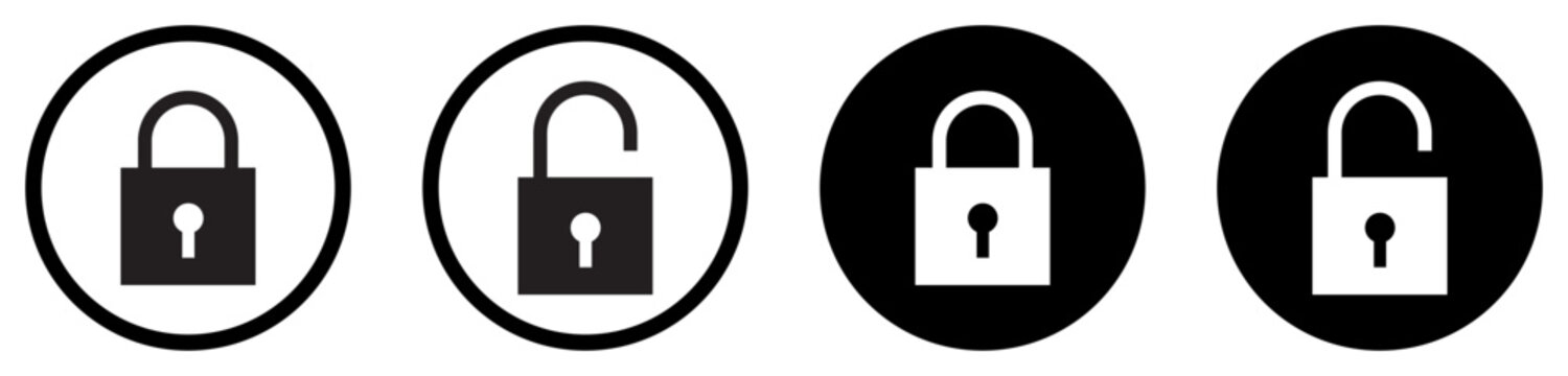Set of lock and unlock security icons in black and white circular style. Privacy, data protection, access control, login interfaces, secure websites, mobile apps, password screens and safety graphics.