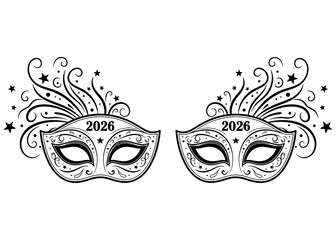 Happy New Year 2026. Ornate carnival masks for a masquerade ball. Black and white festive vector illustration with stars and swirls.