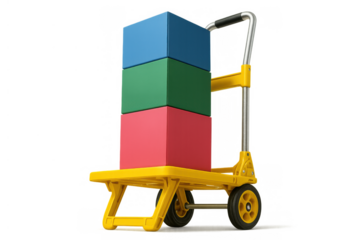 Yellow hand truck carrying colorful stacked boxes, illustrating logistics, shipping, and delivery