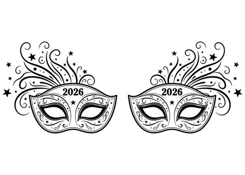  Happy New Year 2026. Ornate carnival masks for a masquerade ball. Black and white festive vector illustration with stars and swirls.