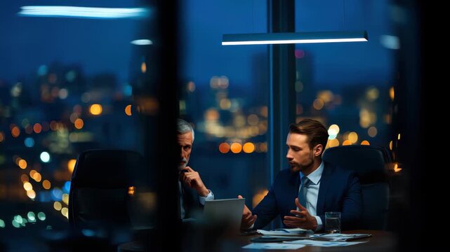 Business meeting between two professionals in a modern office setting as night falls, surrounded by city lights through large windows