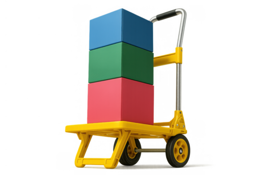 Yellow hand truck carrying colorful stacked boxes, illustrating logistics, shipping, and delivery