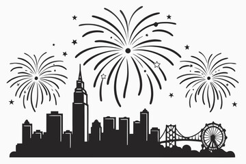 Cityscape fireworks celebration silhouette skyline buildings. 