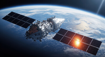 Satellite orbiting earth in space with solar panels