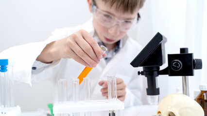 A boy conducts chemical experiments in a chemical laboratory