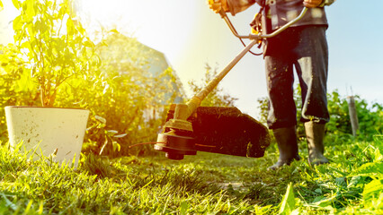 Man with grass trimmer mowing lawn on garden lawn