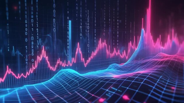 Abstract 3D Wireframe Landscape with Pink and Blue Fluctuating Data Lines and Binary Code technology