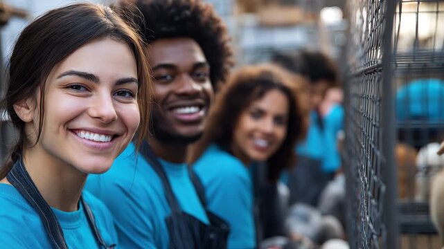 Diverse friends volunteer together at a community shelter, promoting teamwork and compassion in service of animals
