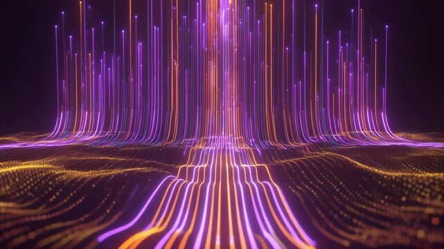 Abstract Digital Landscape of Glowing Neon Lines and Particles Ascending Upwards image photo