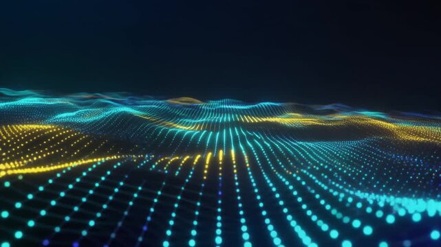 Abstract Digital Landscape of Wavy Particles in Yellow and Cyan Against Dark Background blue bright