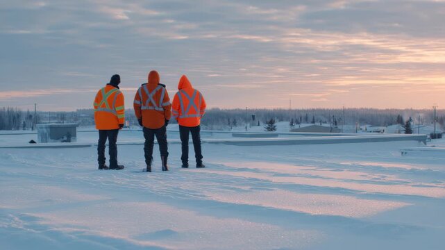 Workers inspecting a snowy flat roof in the early morning light while planning maintenance and safety measures