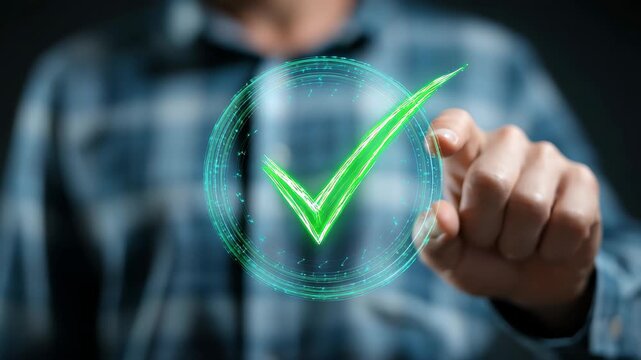 Green check mark symbolizes compliance certification in a digital audit process ensuring standards are met for various assessments in a modern office setting