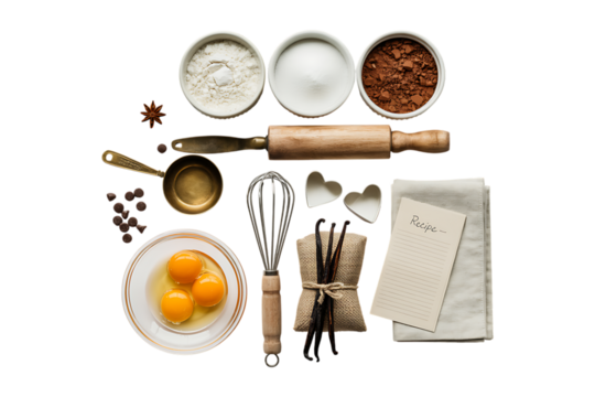 Homemade baking flat lay: ingredients, tools & recipe prep