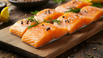 slices of salmon on whooden board