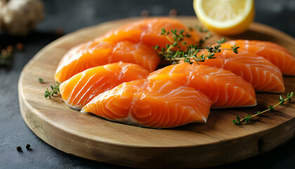 slices of salmon on whooden board