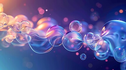 Abstract transparent spheres connected by flowing lines, vibrant bokeh background, futuristic technology concept with dynamic lighting, dreamy aesthetic 3D render