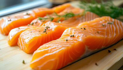 slices of salmon on whooden board