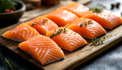 slices of salmon on whooden board