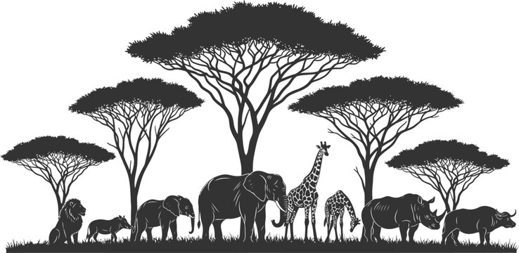Silhouette of african safari animals and acacia trees on white background
