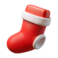 3d icon of red christmas stocking isolated on transparent background, 3d render