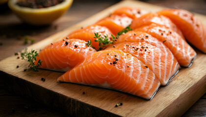 slices of salmon on whooden board