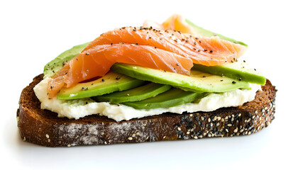 Rye bread slice with smoked salmon and avocado isolated on white background