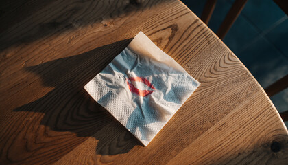 Lip print on a napkin in warm evening light