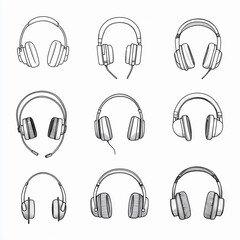 Line art illustration of various headphone designs in a grid layout