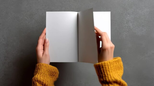 Female hands holding a blank magazine against a gray background, showcasing a minimalist design with potential for creative content